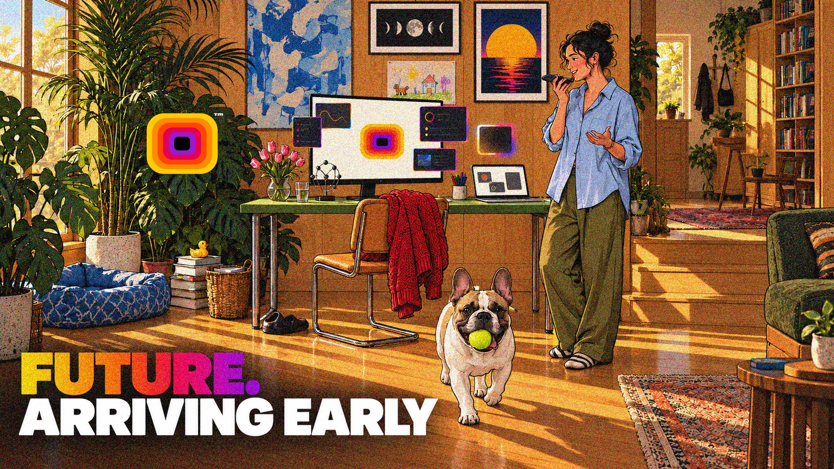 KORA illustration: a woman talks to her KORA desktop in a sunlit home office while her French bulldog carries a tennis ball. Headline: Future. Arriving early.