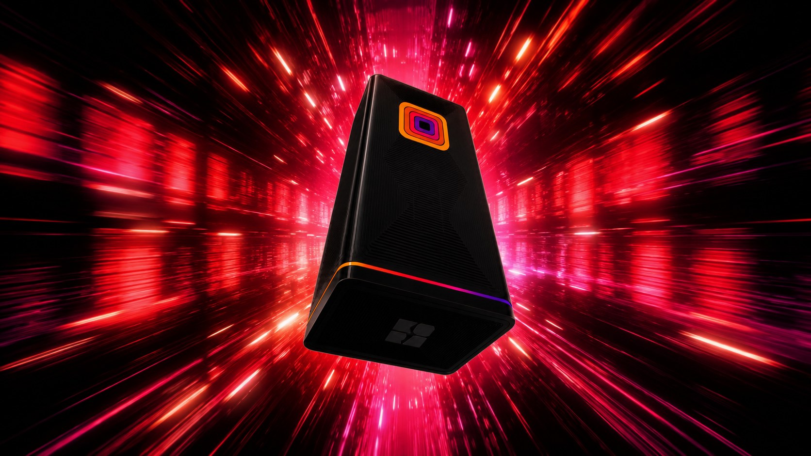 Illustration: a black computer marked with the KORA mandala and logo, against streaks of red light.