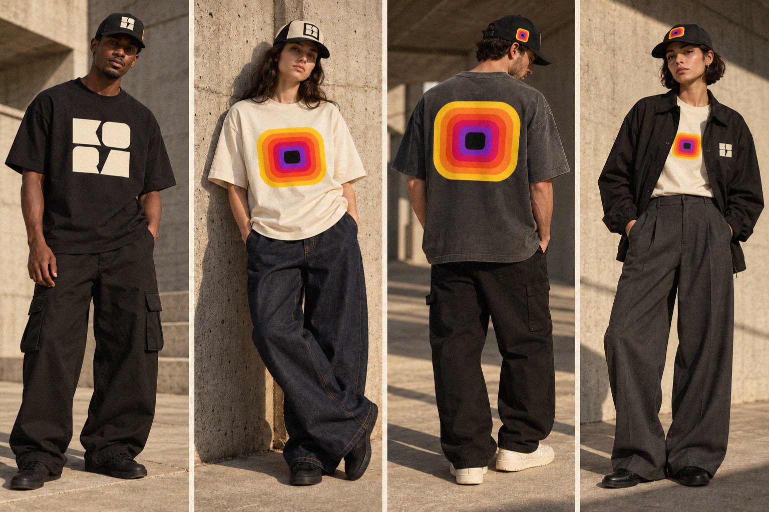 Four people wearing KORA tees and caps outside a concrete building.