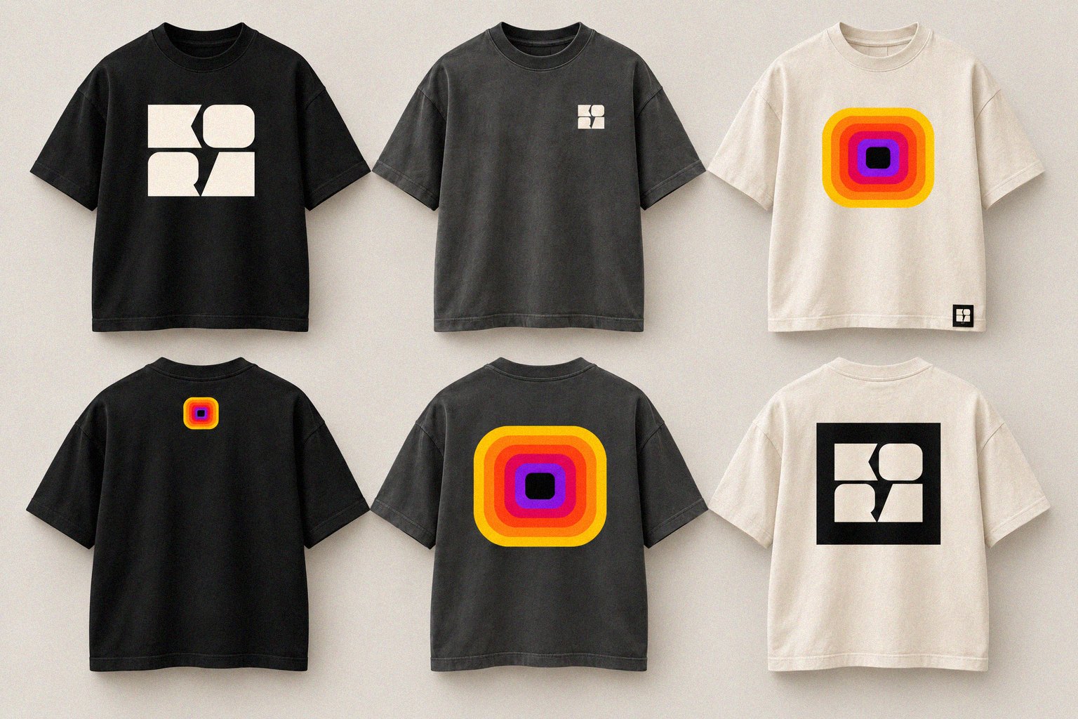 Six KORA tees laid flat: black, washed black and cream, shown front and back with the KORA wordmark and the mandala.