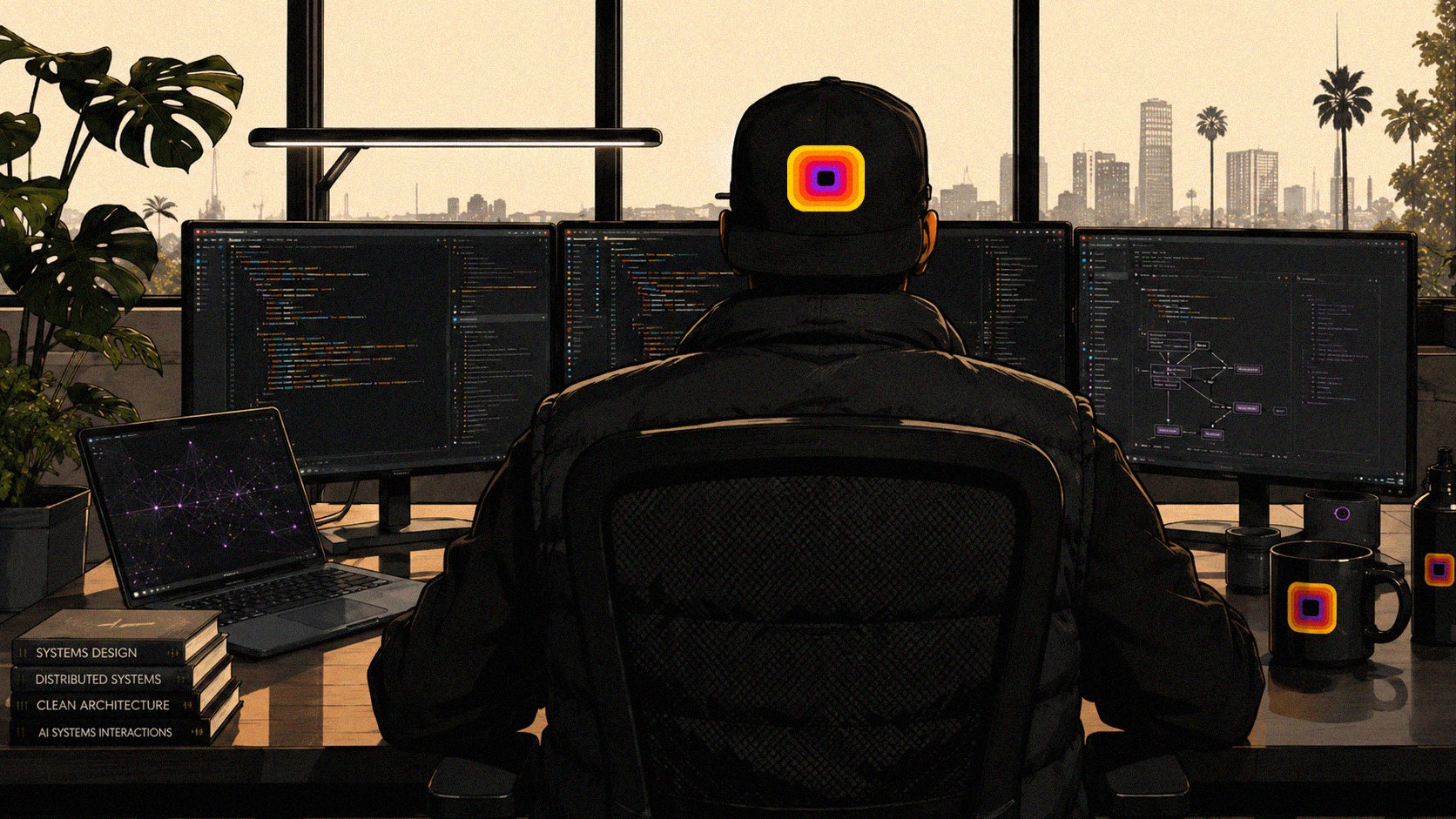 A developer seen from behind at a three-monitor KORA desktop, the mandala on their cap, with the Los Angeles skyline beyond the window.